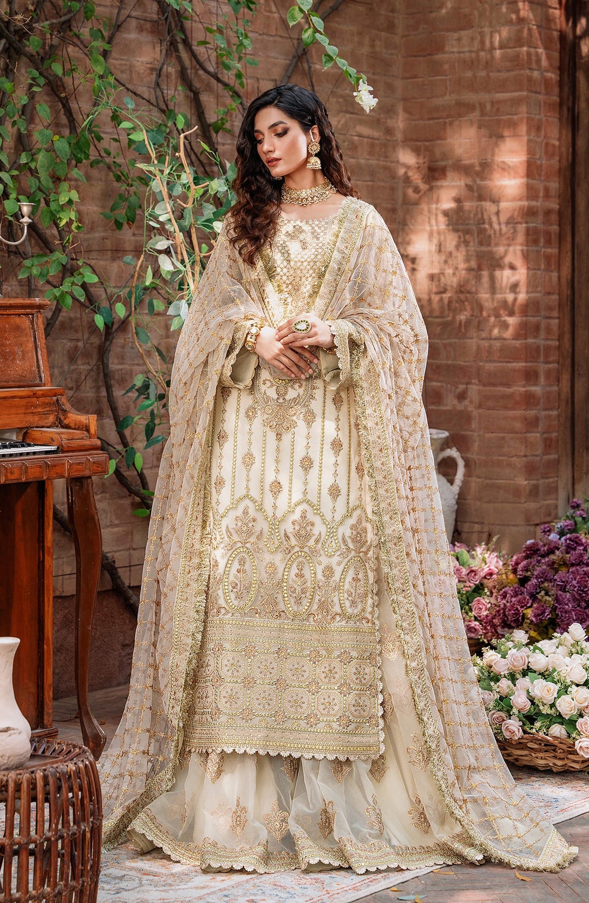 Mastani by Akbar Aslam Luxury Formals Embroidered Net Unstitched 3 Piece Suit - Mehrunisa - AKA25MST - Fawn - Festive Collection