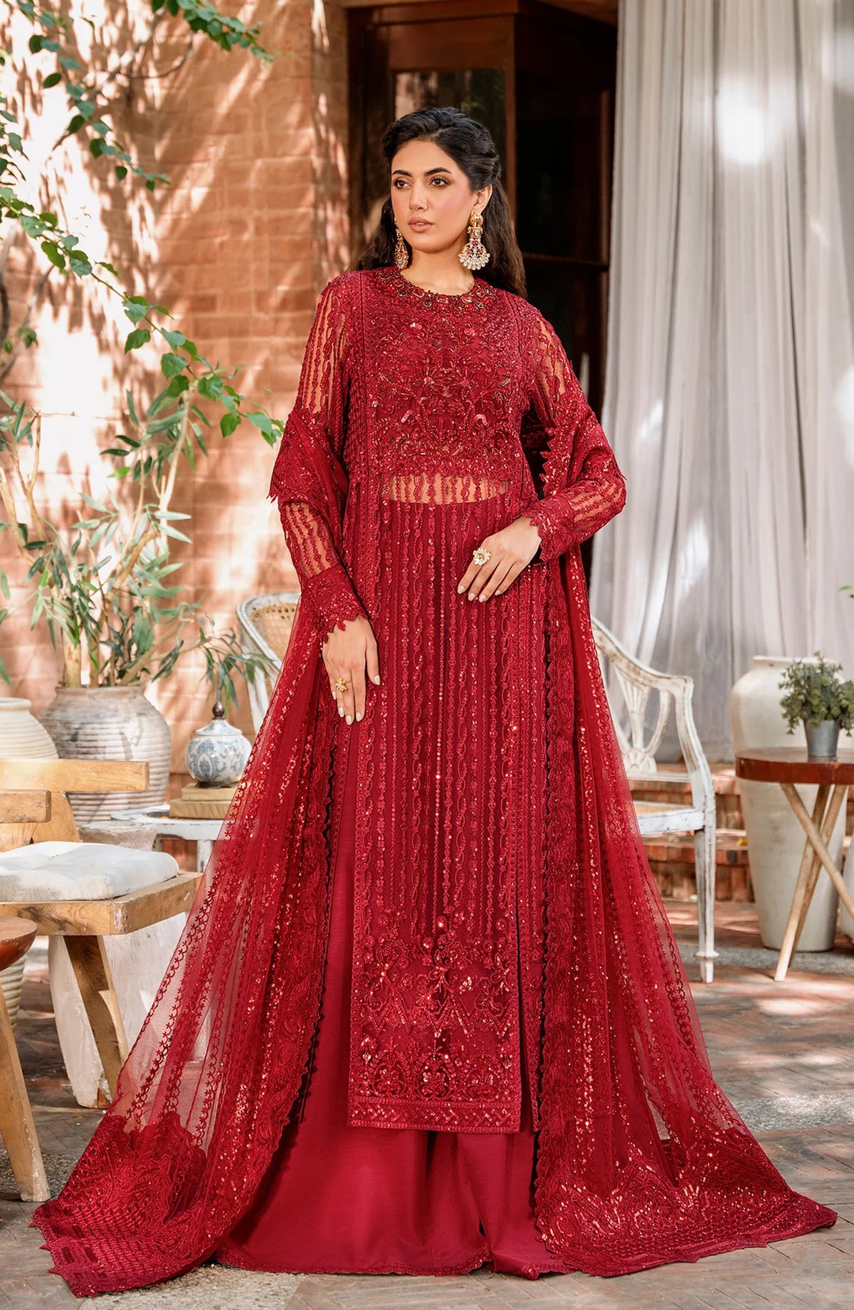 Mastani by Akbar Aslam Luxury Formals Embroidered Net Unstitched 3 Piece Suit - Gul Mohr - AKA25MST - Red - Festive Collection