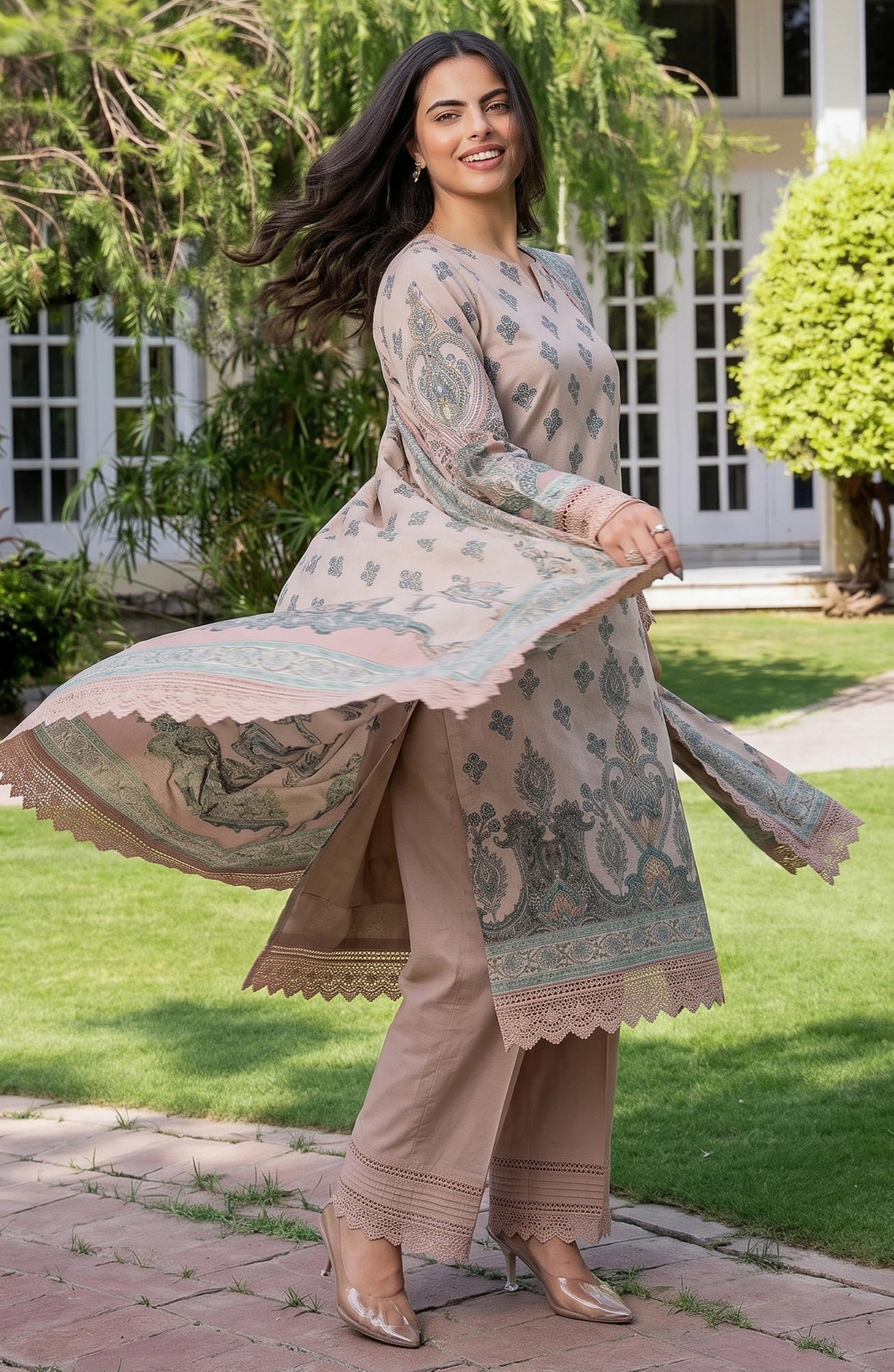 Mausummery Printed Linen Unstitched 3 Piece Suit - 01 Iris - MU26LN - Peach - Winter Collection