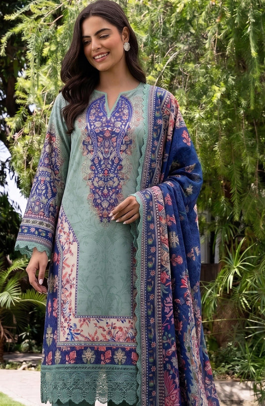 Mausummery Printed Linen Unstitched 3 Piece Suit - 02 Alyssa - MU26LN - Ferozi - Winter Collection