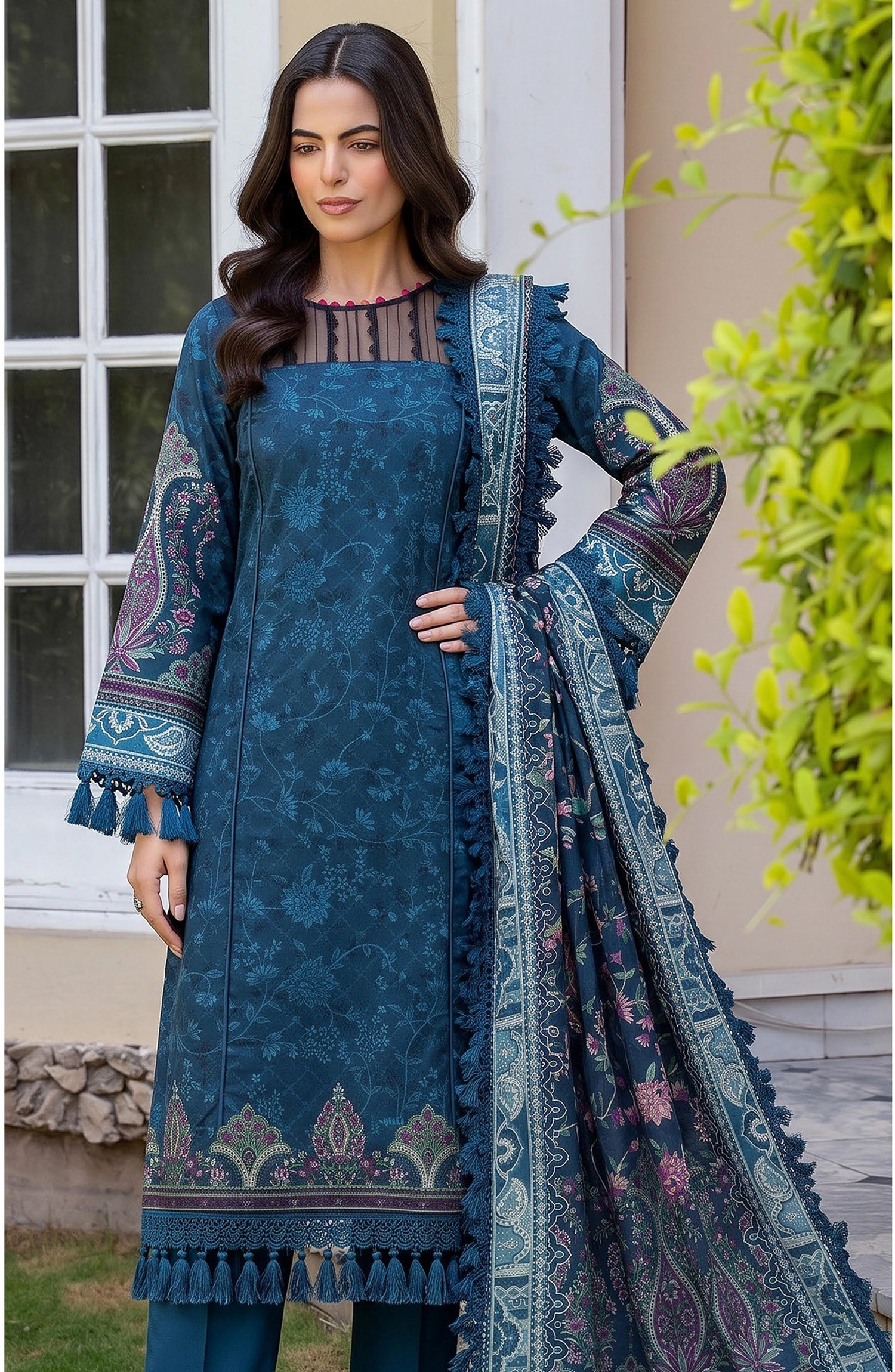 Mausummery Printed Linen Unstitched 3 Piece Suit - 03 Calla Lily - MU26LN - Blue - Winter Collection