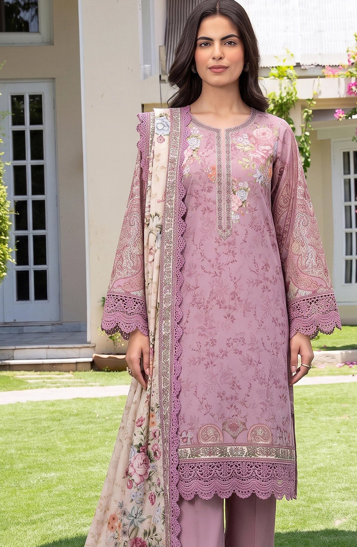 Mausummery Printed Linen Unstitched 3 Piece Suit - 04 Lily - MU26LN - Purple - Winter Collection