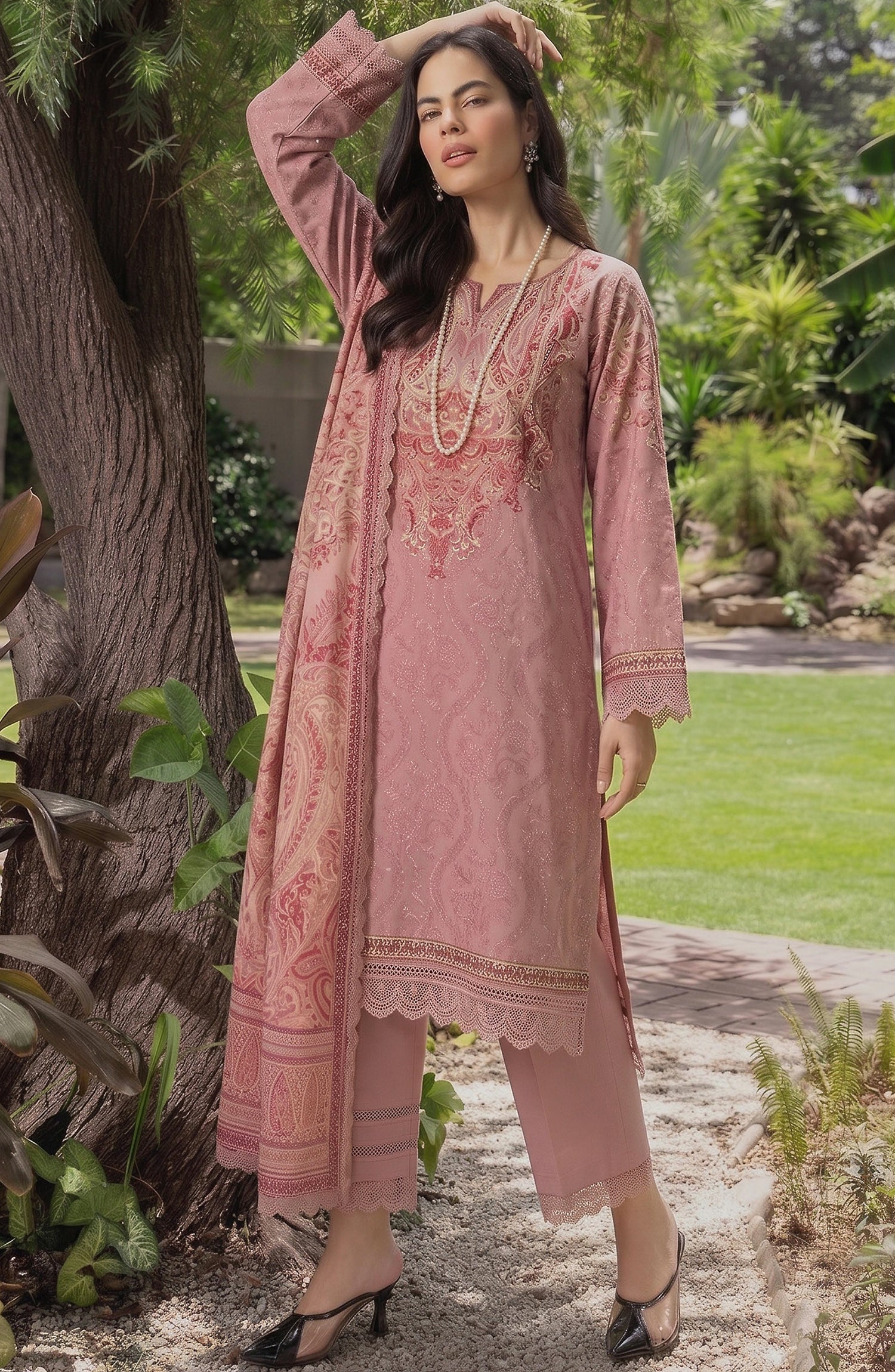 Mausummery Printed Linen Unstitched 3 Piece Suit - 06 Marigold - MU26LN - Pink - Winter Collection