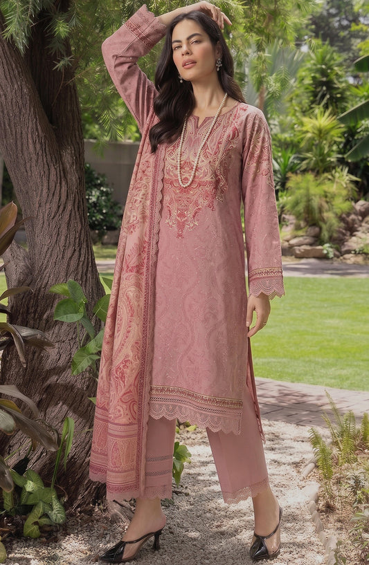 Mausummery Printed Linen Unstitched 3 Piece Suit - 06 Marigold - MU26LN - Pink - Winter Collection