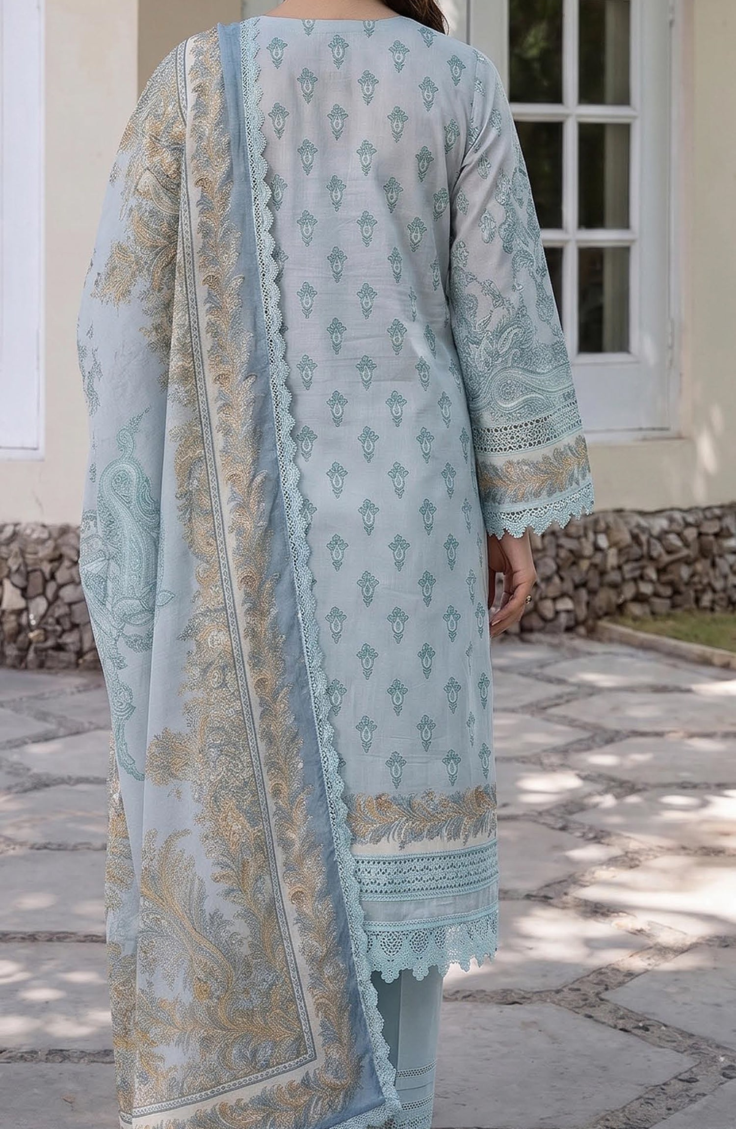 Mausummery Printed Linen Unstitched 3 Piece Suit - 07 Begonia - MU26LN - Sky Blue - Winter Collection