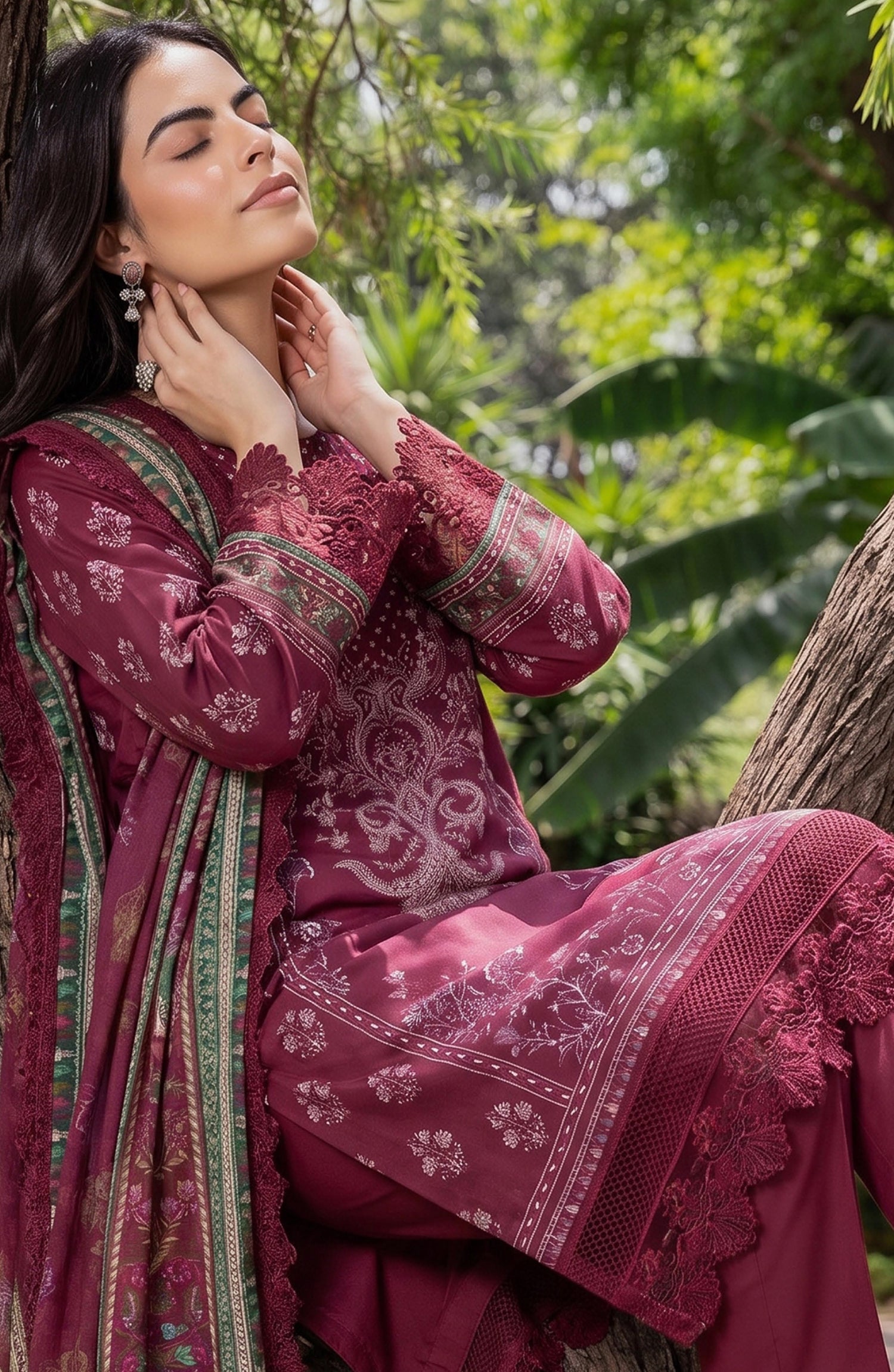 Mausummery Printed Linen Unstitched 3 Piece Suit - 08 Daisy - MU26LN - Maroon - Winter Collection