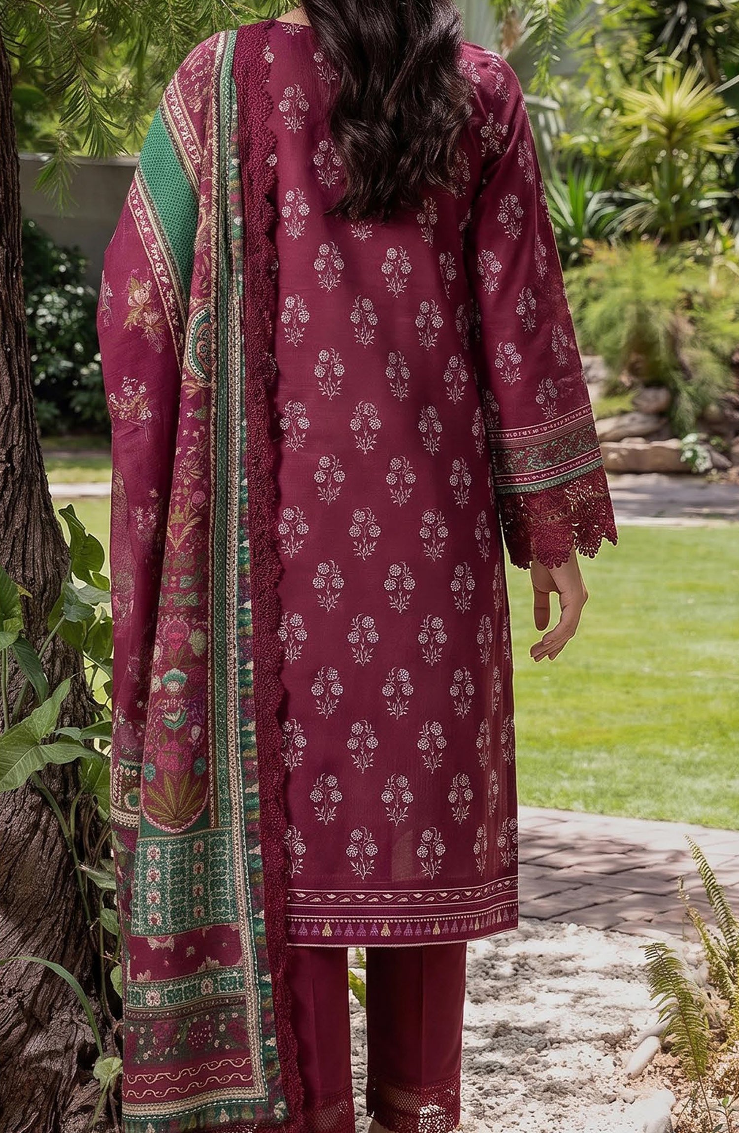 Mausummery Printed Linen Unstitched 3 Piece Suit - 08 Daisy - MU26LN - Maroon - Winter Collection