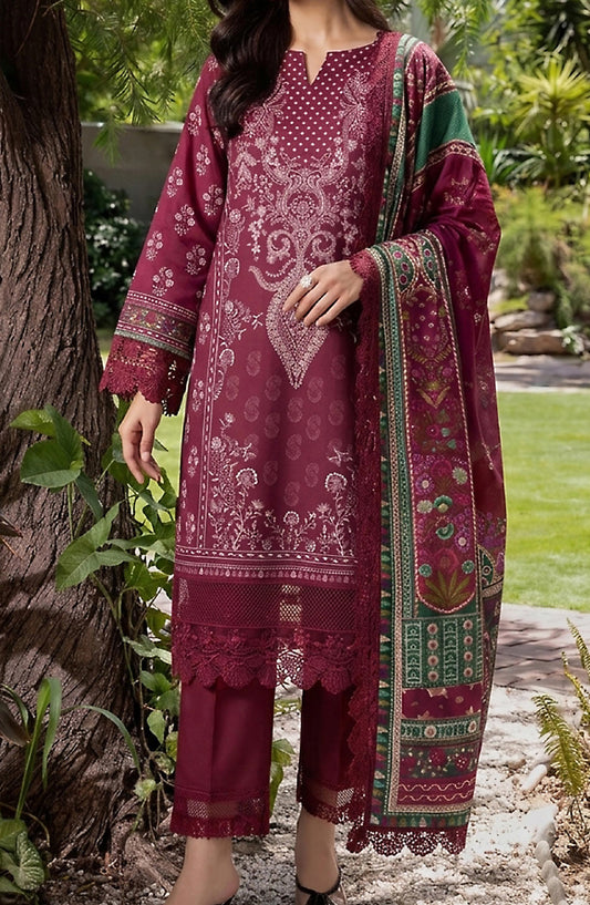 Mausummery Printed Linen Unstitched 3 Piece Suit - 08 Daisy - MU26LN - Maroon - Winter Collection