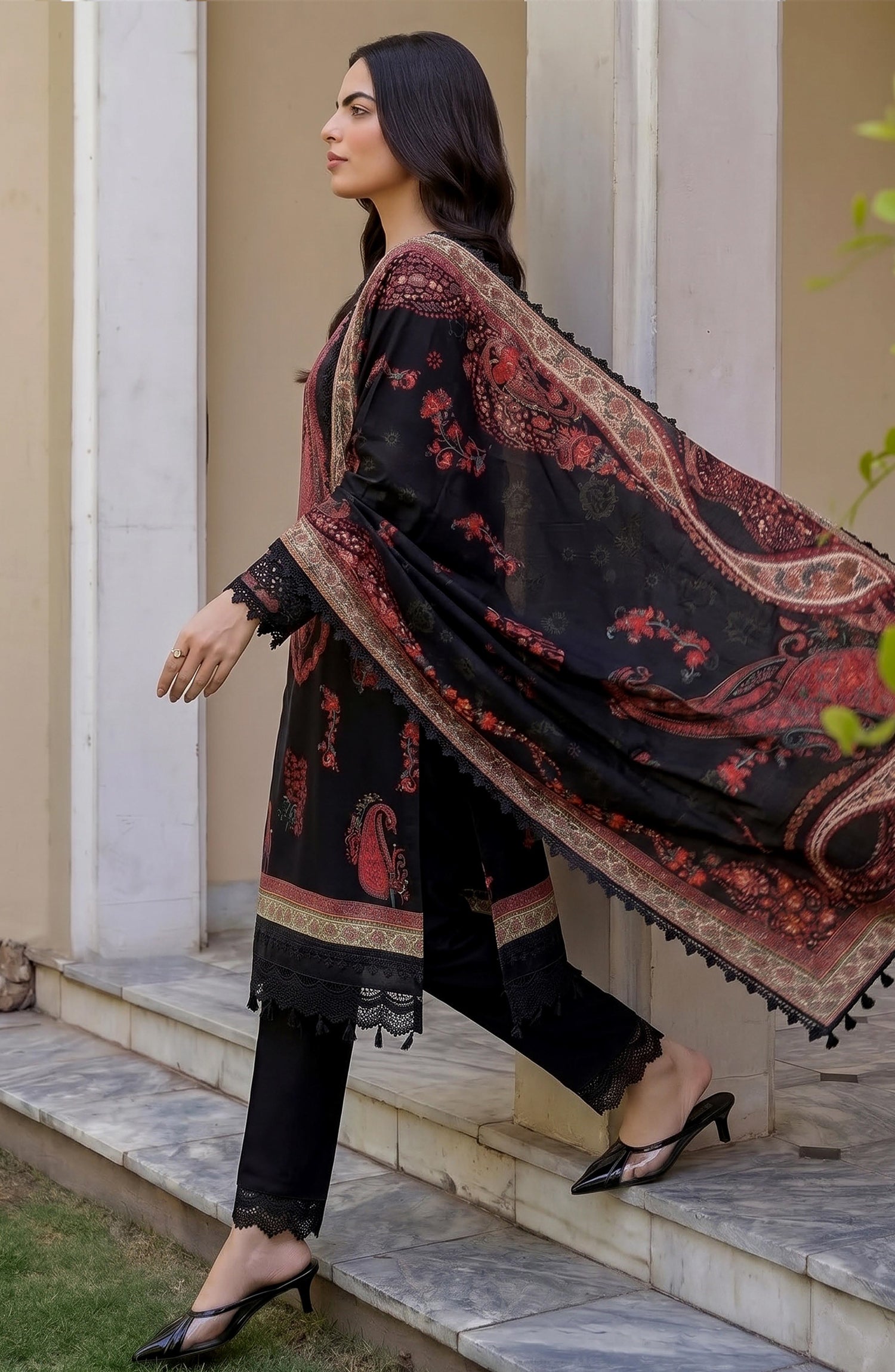Mausummery Printed Linen Unstitched 3 Piece Suit - 09 Alstroemeria - MU26LN - Black - Winter Collection