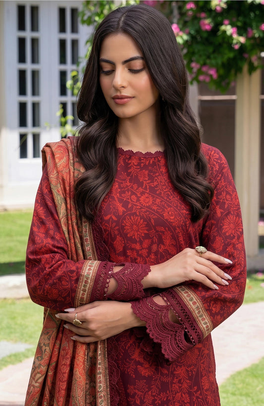 Mausummery Printed Linen Unstitched 3 Piece Suit - 11 Azalea - MU26LN - Red - Winter Collection