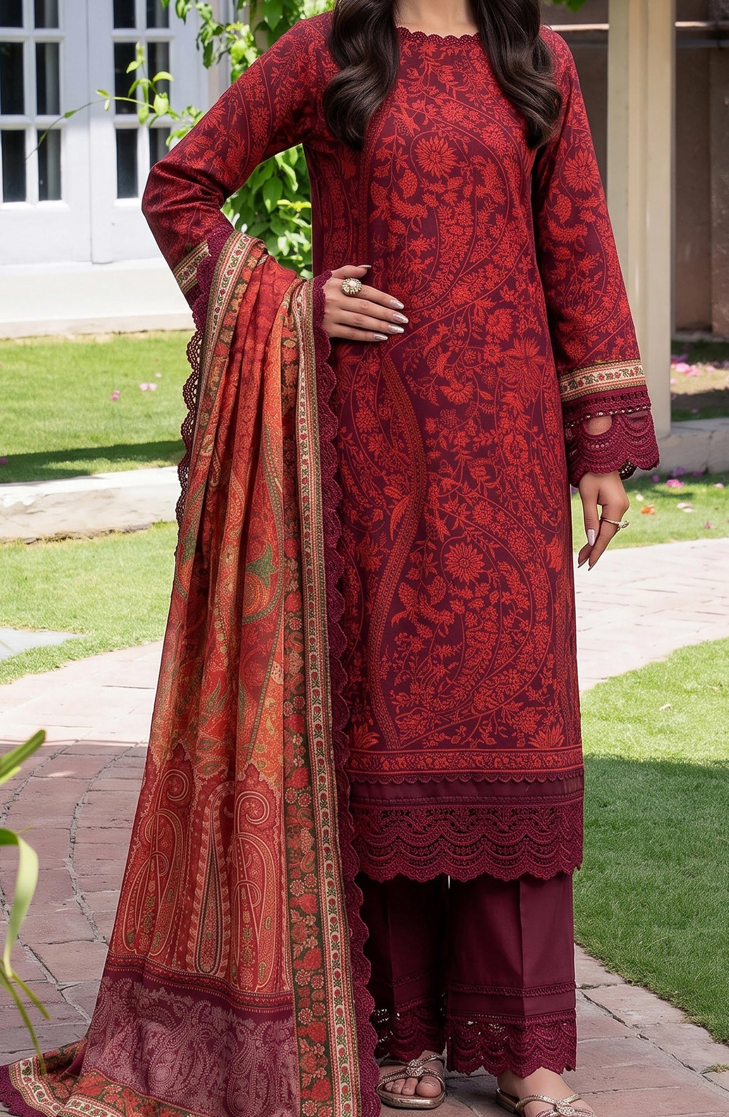 Mausummery Printed Linen Unstitched 3 Piece Suit - 11 Azalea - MU26LN - Red - Winter Collection