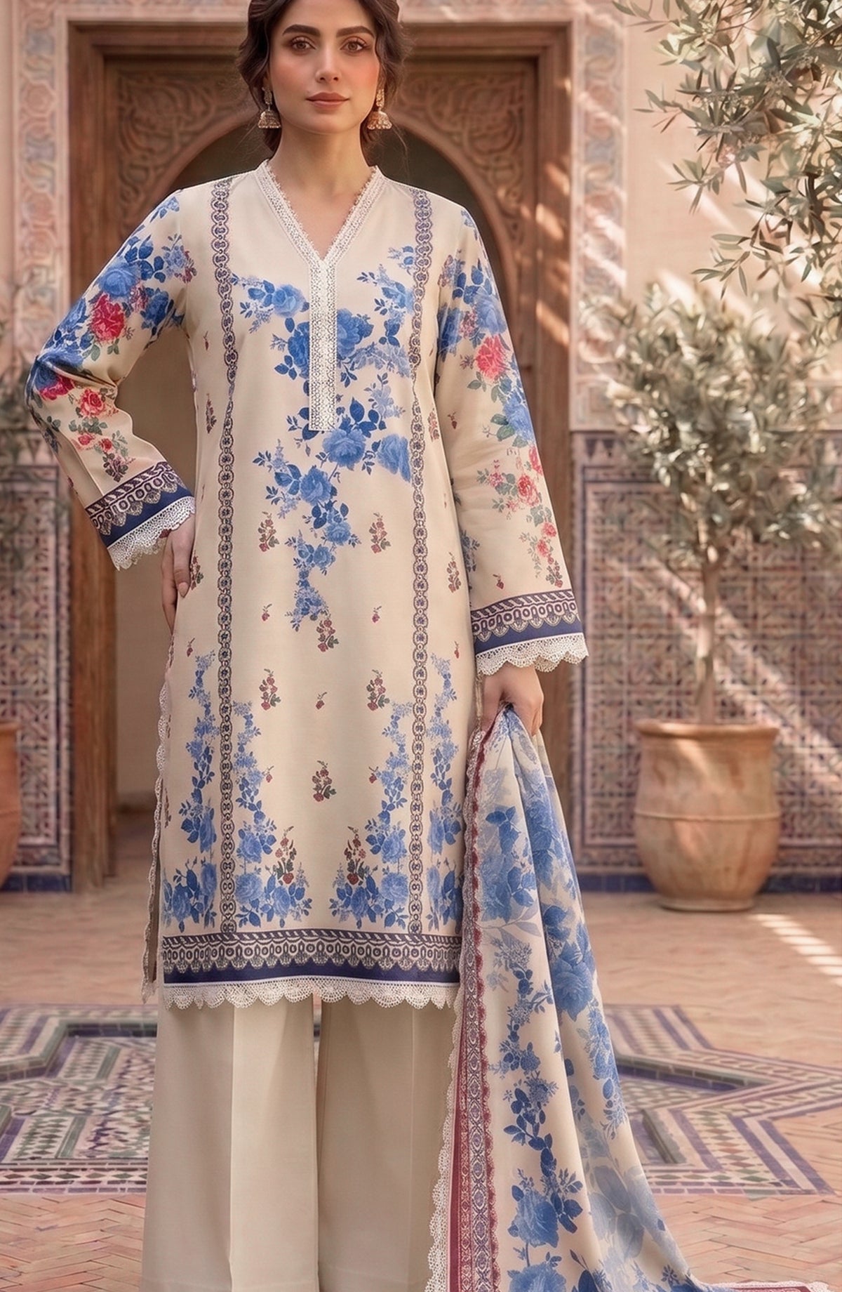 Mausummery Printed Lawn Unstitched 3 Piece Suit - D-07 Bluebell - MU26FRN - Cream - Summer Collection