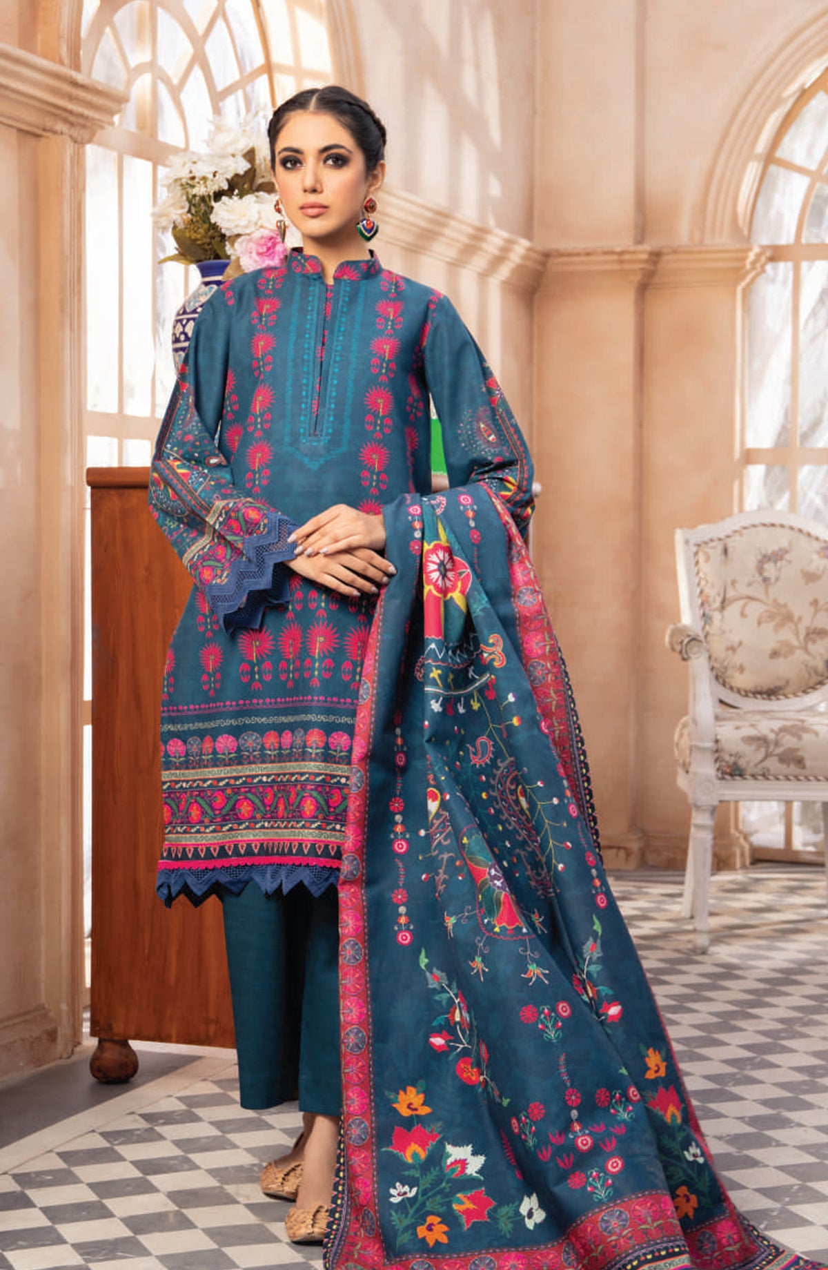 Mausummery Digital Printed Khaddar Unstitched 3 Piece Suit - 07 Primrose - MU25KHD - Blue - Winter Collection