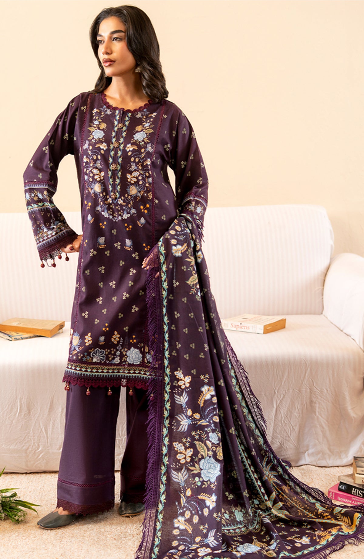 Mausummery Printed Khaddar Unstitched 3 Piece Suit - Amethyst - MU25NT - Purple - Winter Collection