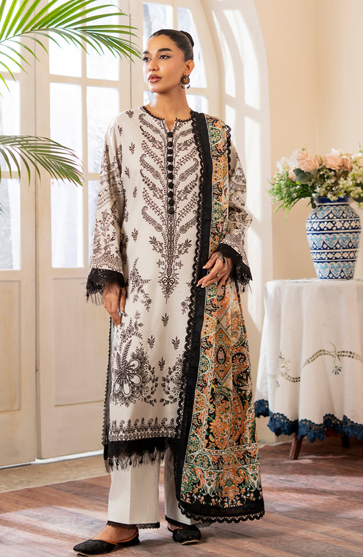 Mausummery Printed Khaddar Unstitched 3 Piece Suit - Pearl - MU25NT - White - Winter Collection