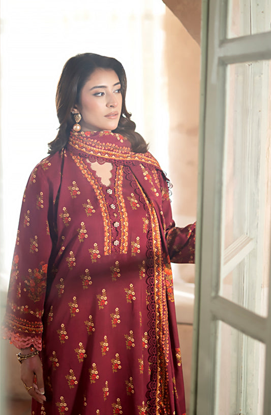 Mausummery Digital Printed Linen Unstitched 3 Piece Suit - Azalea - MU25LIN - Red - Winter Collection