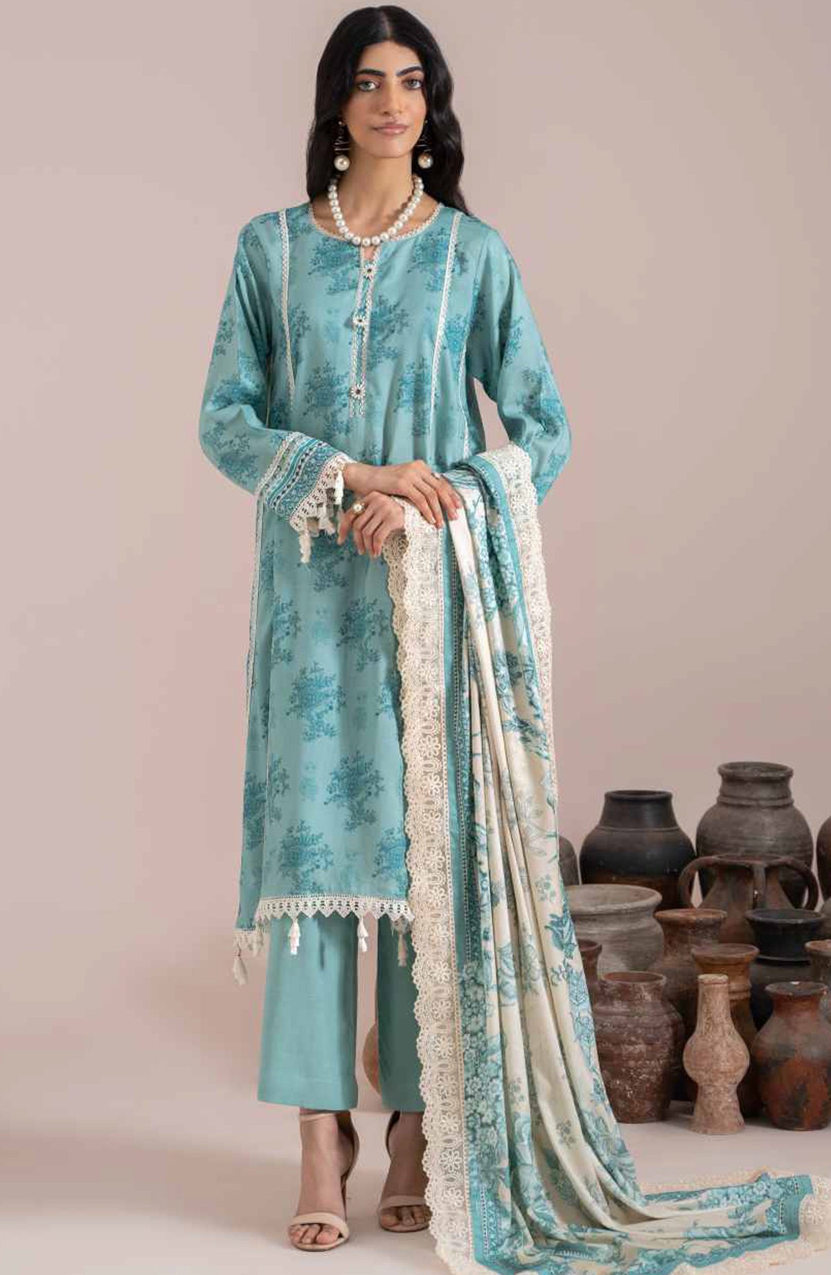 Mausummery Digital Printed Linen Unstitched 3 Piece Suit - Beryl - MU25WIU - Sky Blue - Winter Collection
