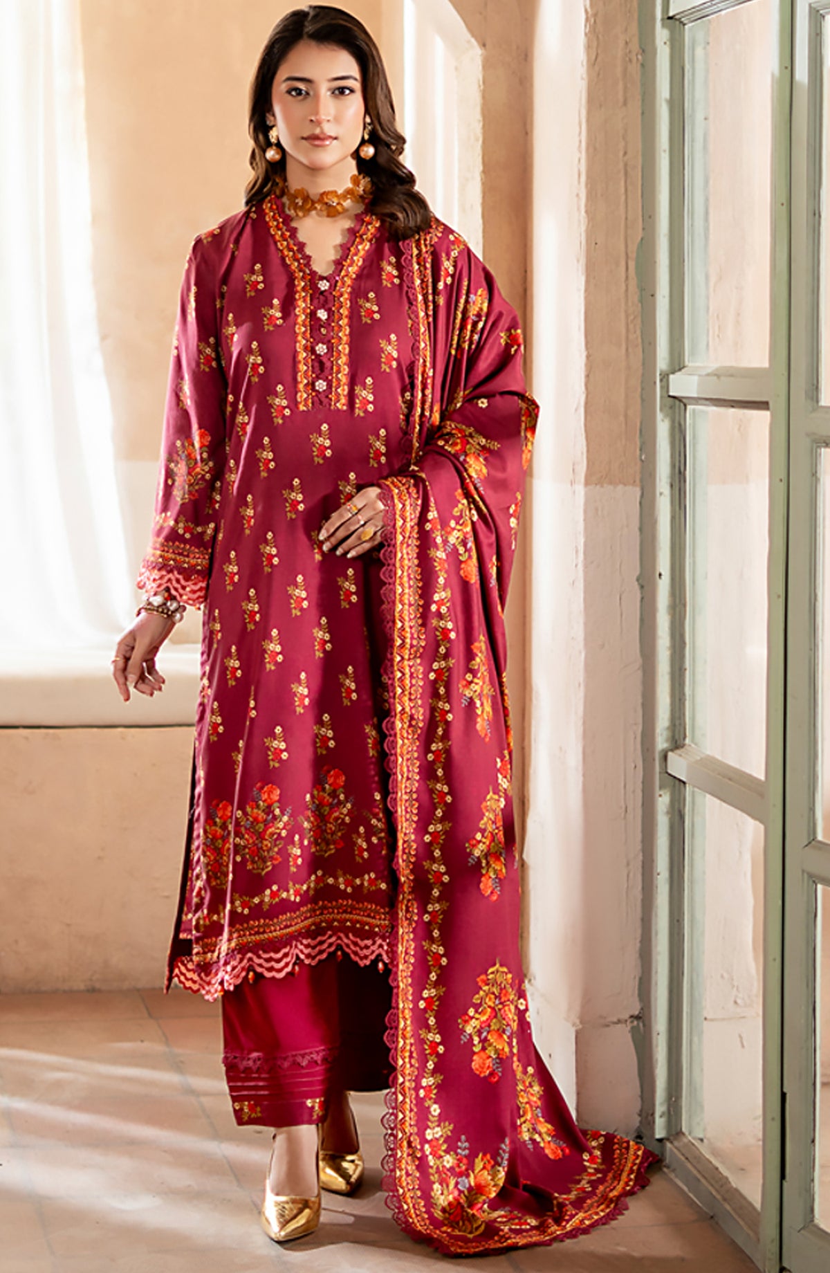Mausummery Digital Printed Linen Unstitched 3 Piece Suit - Azalea - MU25LIN - Red - Winter Collection