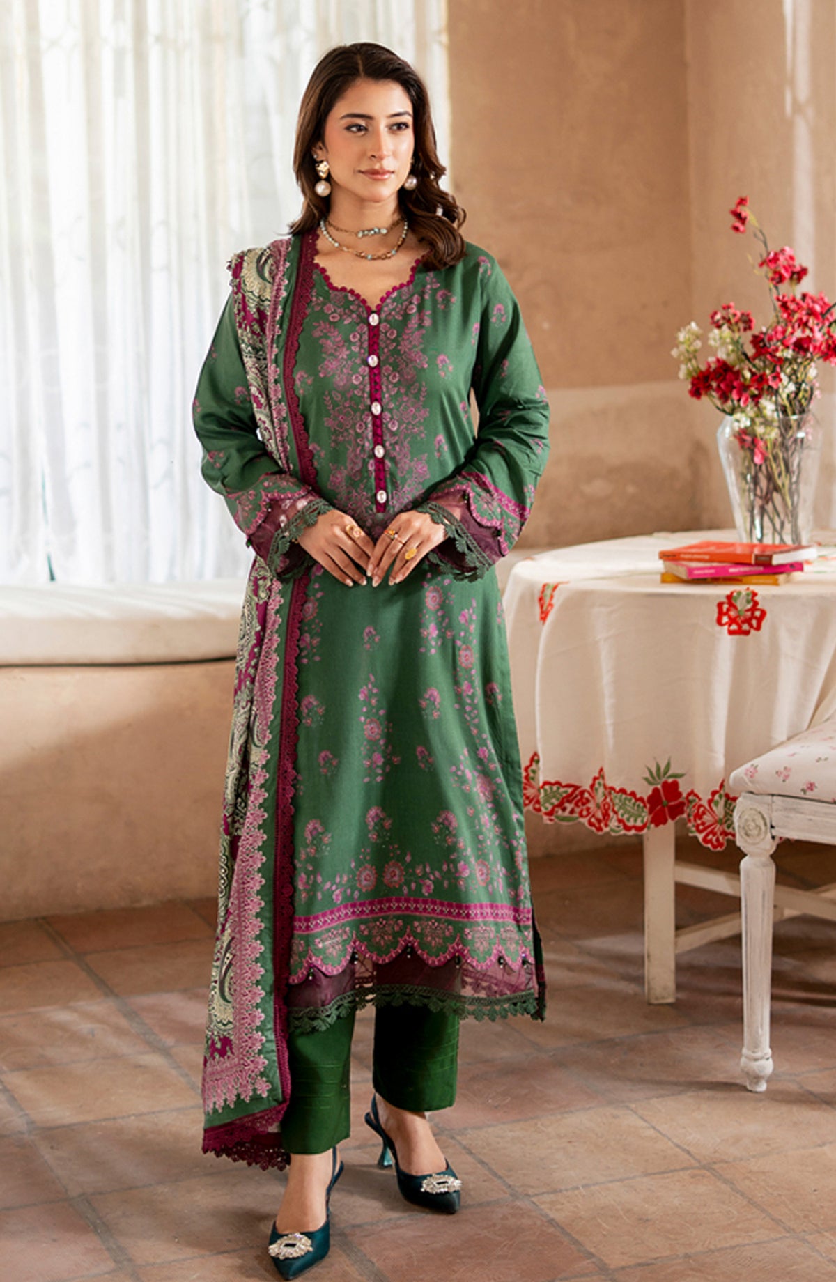 Mausummery Digital Printed Linen Unstitched 3 Piece Suit - Alyssa - MU25LIN - Green - Winter Collection