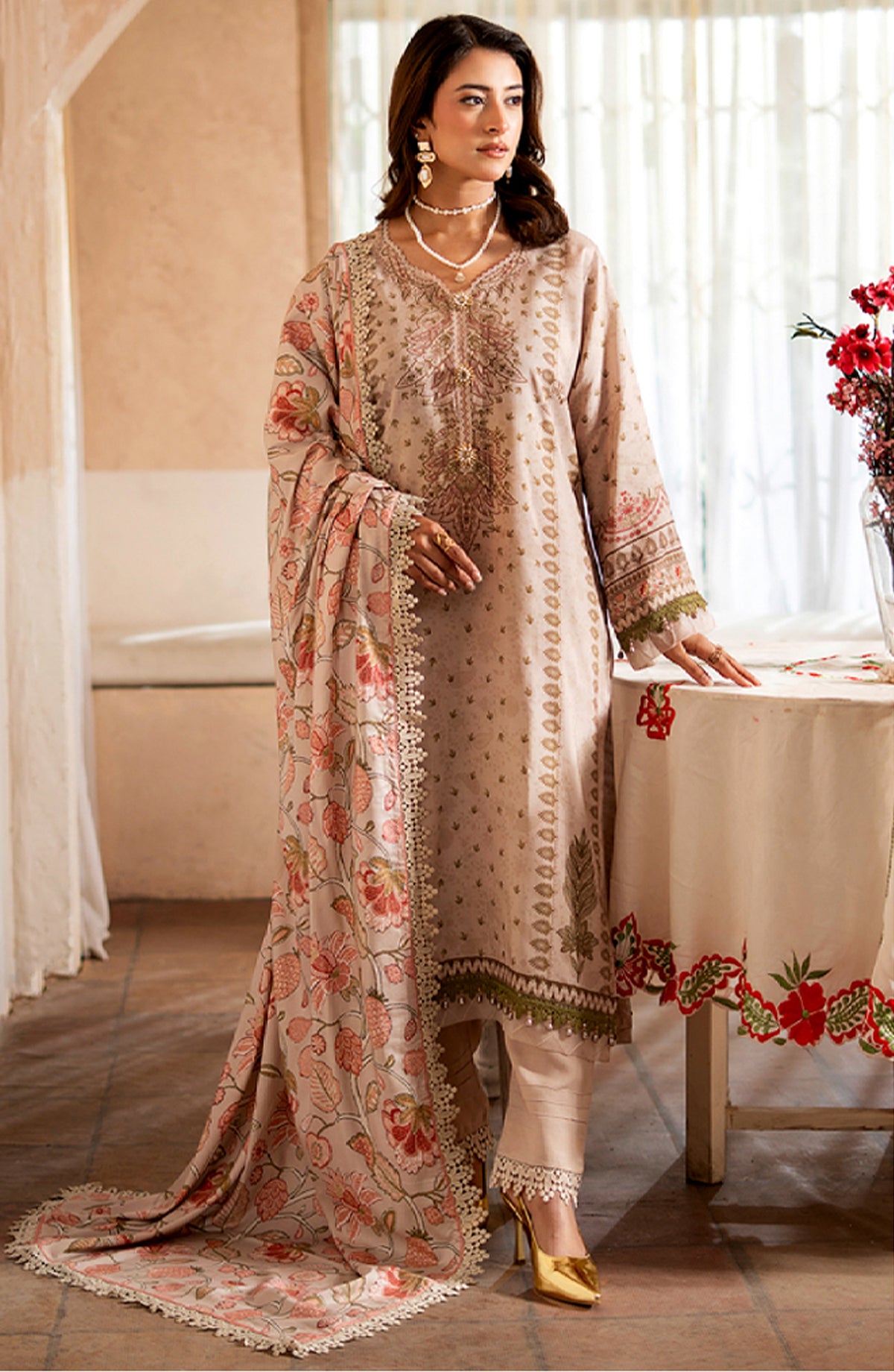 Mausummery Digital Printed Linen Unstitched 3 Piece Suit - Lily - MU25LIN - Beige - Winter Collection