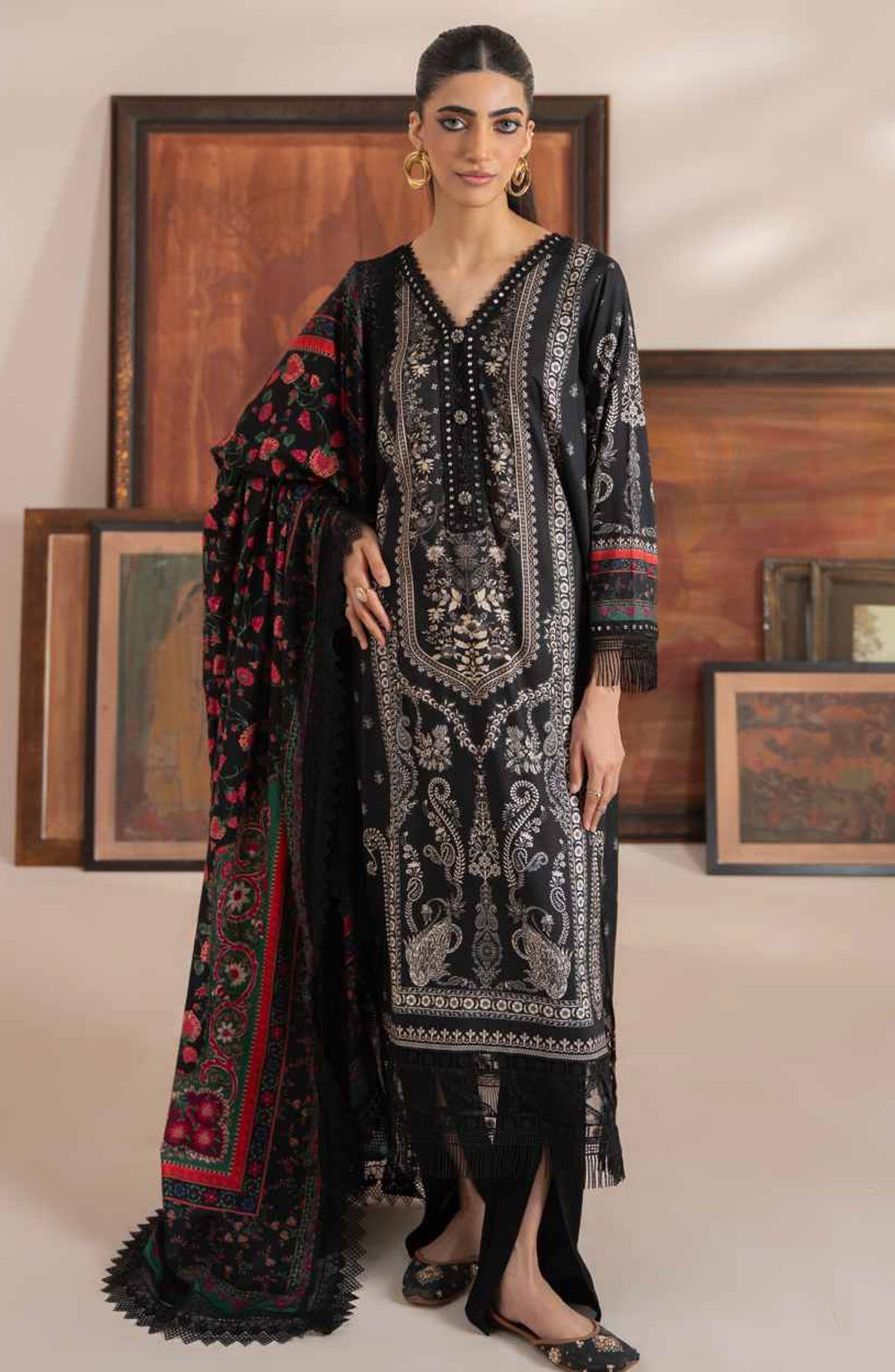 Mausummery Digital Printed Linen Unstitched 3 Piece Suit - Noir - MU25WIU - Black - Winter Collection