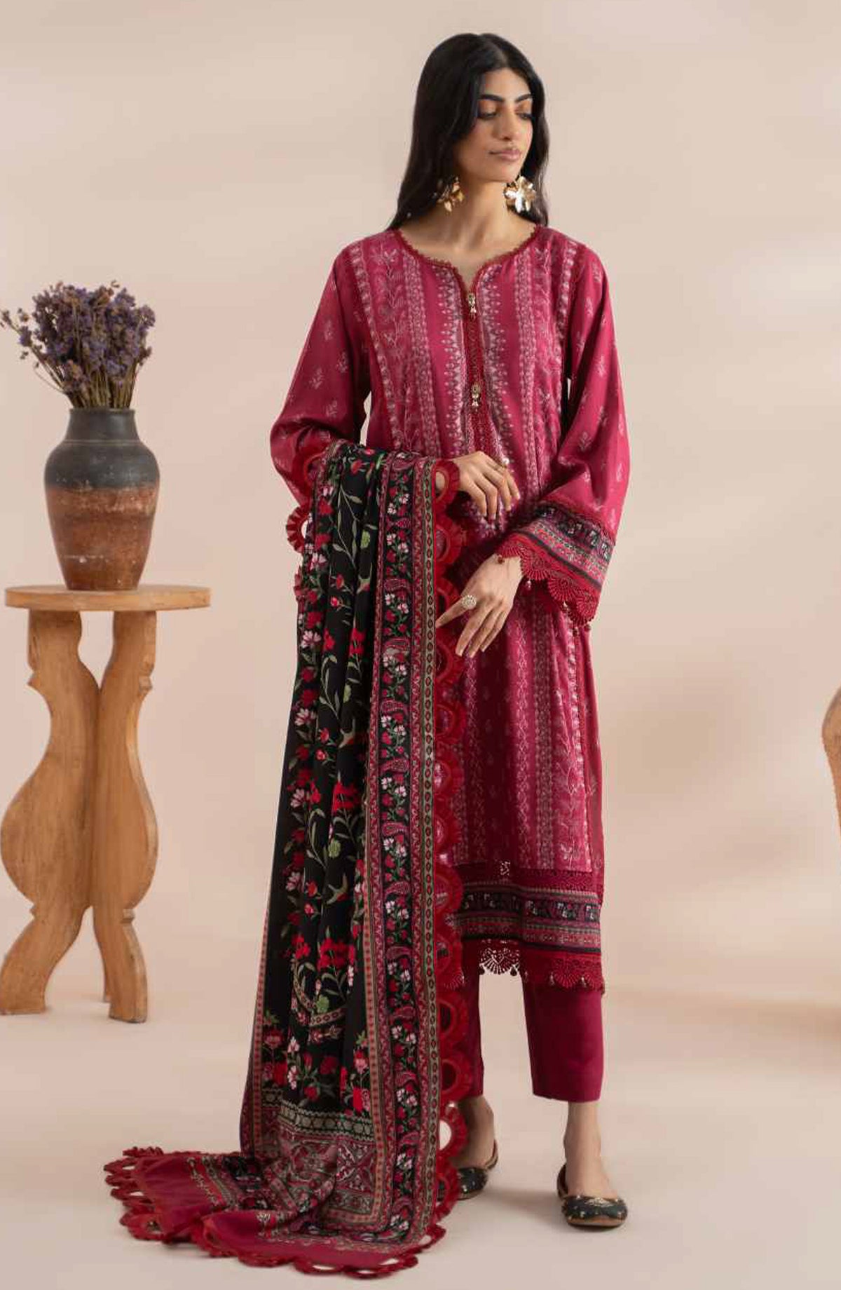 Mausummery Digital Printed Linen Unstitched 3 Piece Suit - Ruby - MU25WIU - Red - Winter Collection