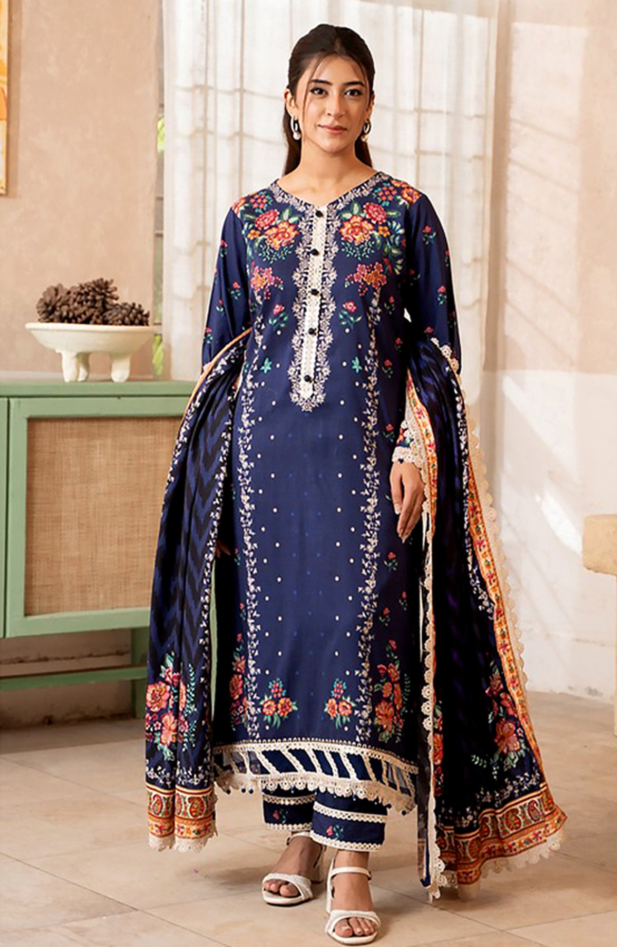 Mausummery Digital Printed Linen Unstitched 3 Piece Suit - Peony - MU25LIN - Blue - Winter Collection