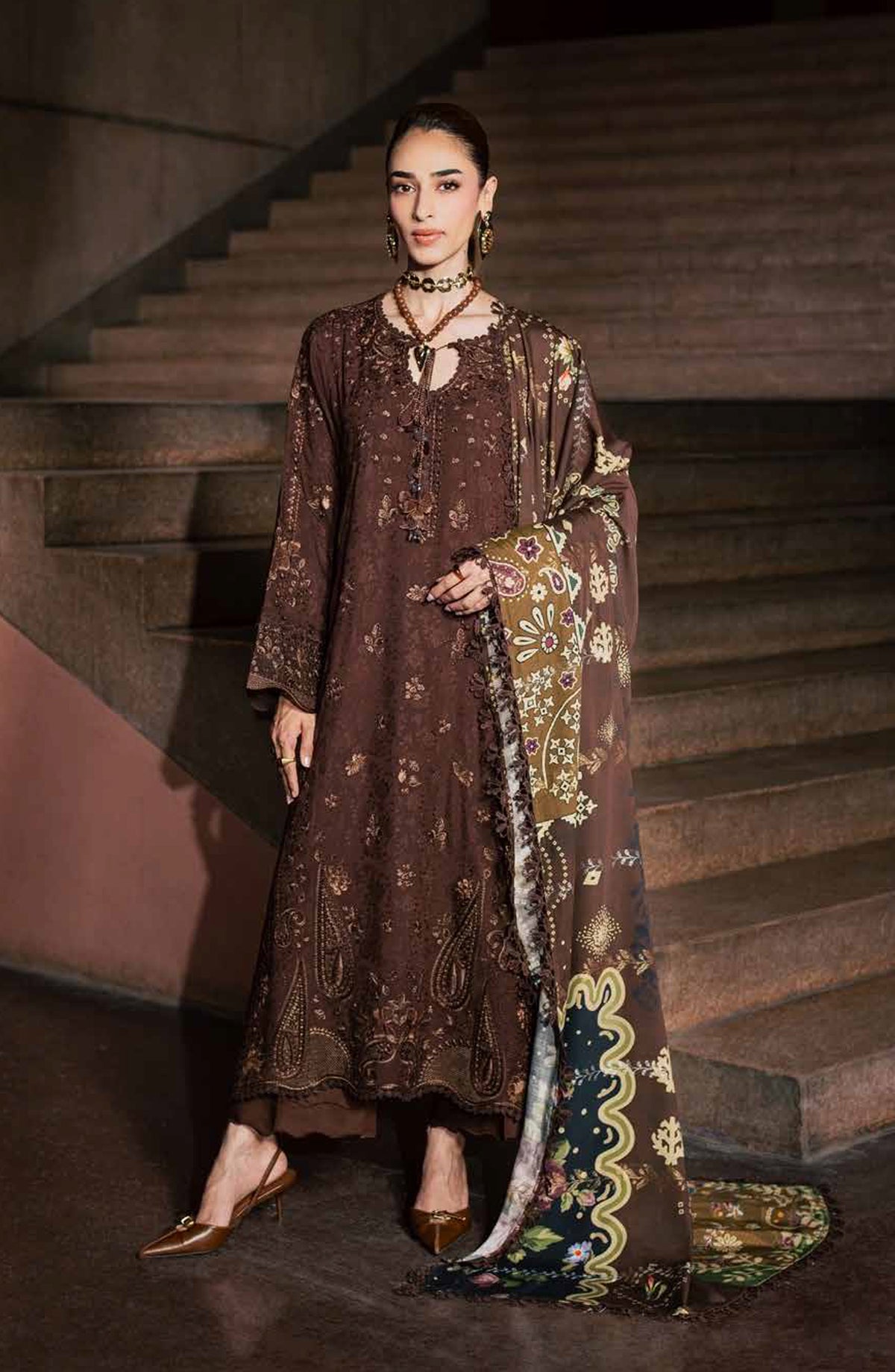 Maya by Nureh Embroidered Linen Unstitched 3 Piece Suit - NW-131 - NL26MYA - Brown - Winter Collection