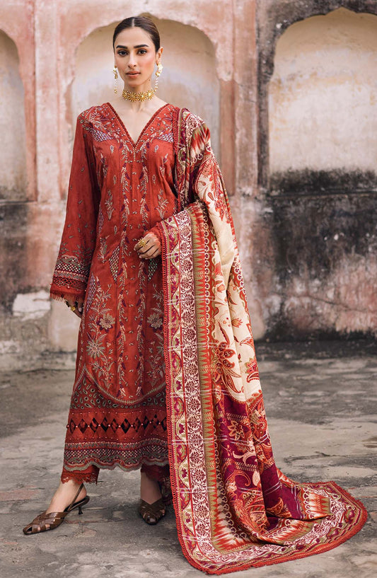 Maya by Nureh Embroidered Self Linen Jacquard Unstitched 3 Piece Suit - NW-105 - NU25MYA - Rust - Winter Collection