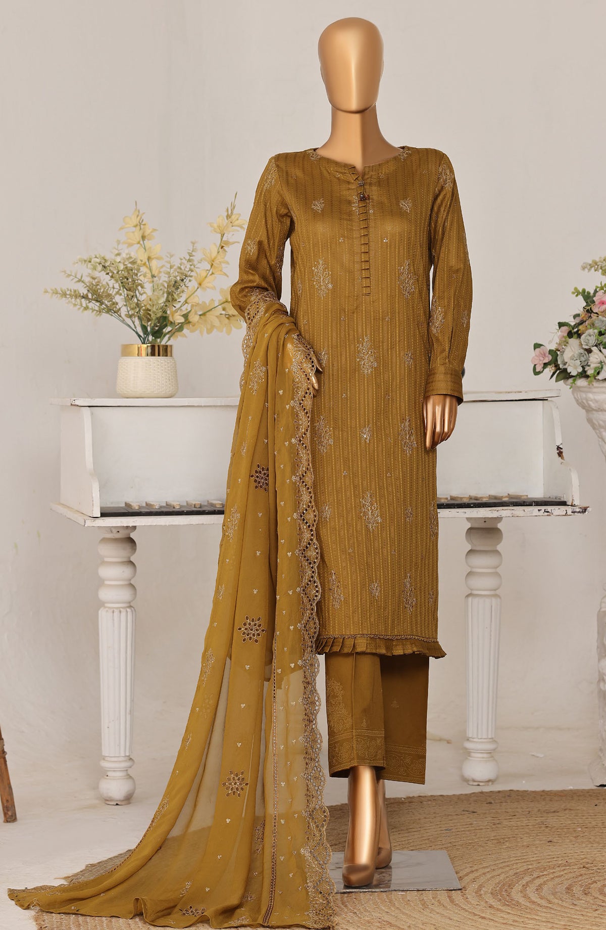 Mayaar by HZ Textile Embroidered Lawn Unstitched 3 Piece Suit - D-11 - HZ26MAYR - Mustard - Summer Collection