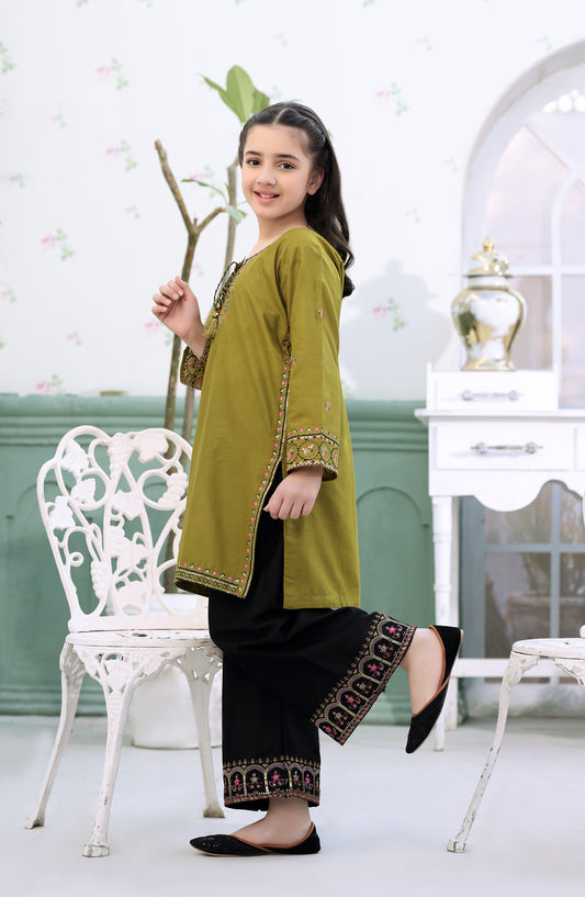 Fresh Birds Embroidered Cotton Lawn Stitched 2 Piece Suit - Mayal - FBR26FS - Olive green - Festive Girls Collection