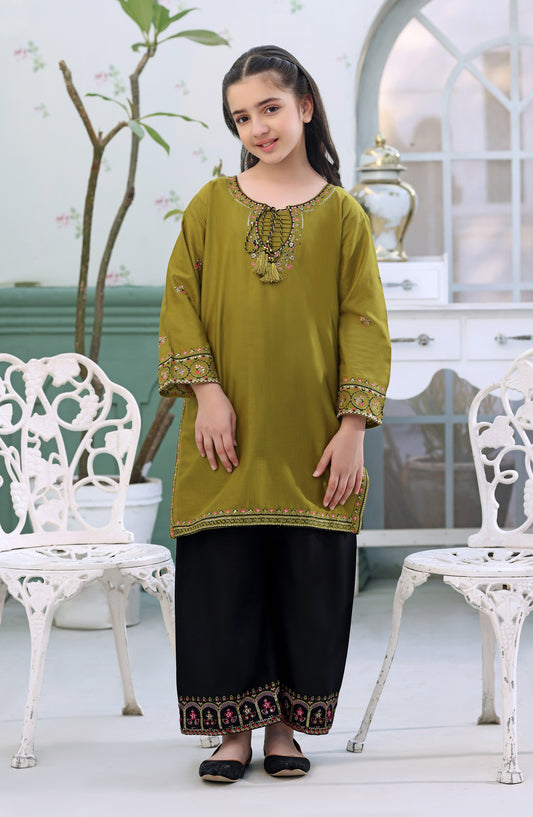 Fresh Birds Embroidered Cotton Lawn Stitched 2 Piece Suit - Mayal - FBR26FS - Olive green - Festive Girls Collection