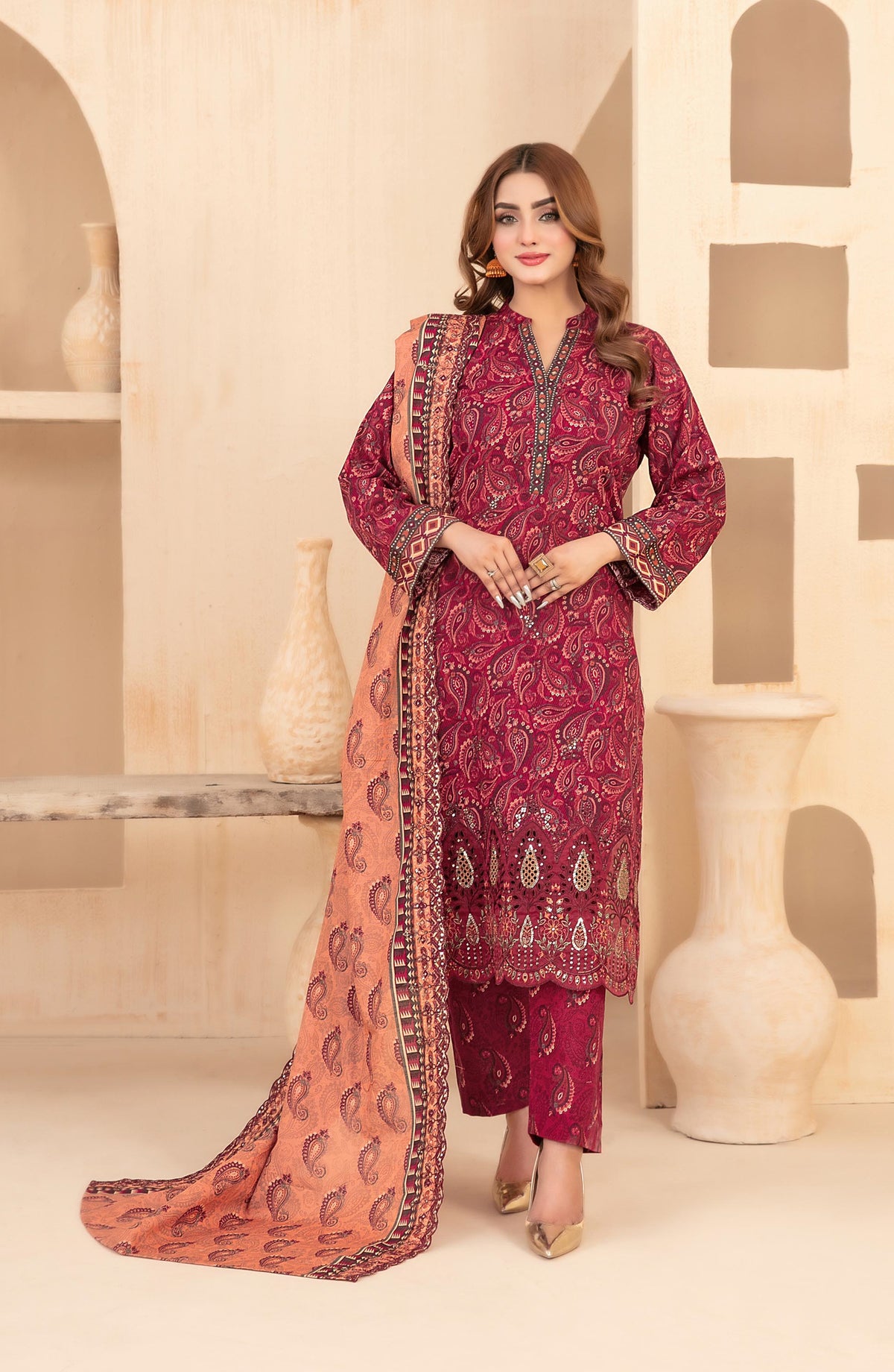 Mayesha by Tawakkal Fabrics Embroidered Khaddar Unstitched 3 Piece Suit - D-5096 - TF25MESH - Pink - Winter Collection