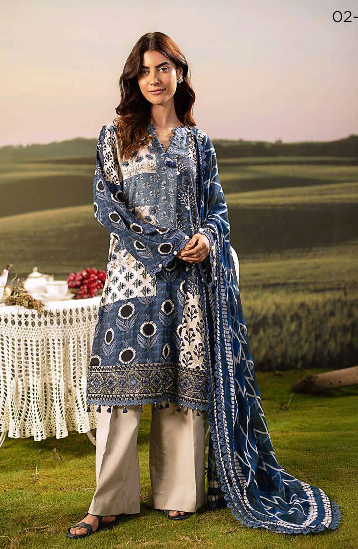 Mbasic Fall Comes Home Embroidered Arabic Lawn Unstitched 3 Piece Suit - 02-A - MB25FALL - Blue - Pre-Fall Collection
