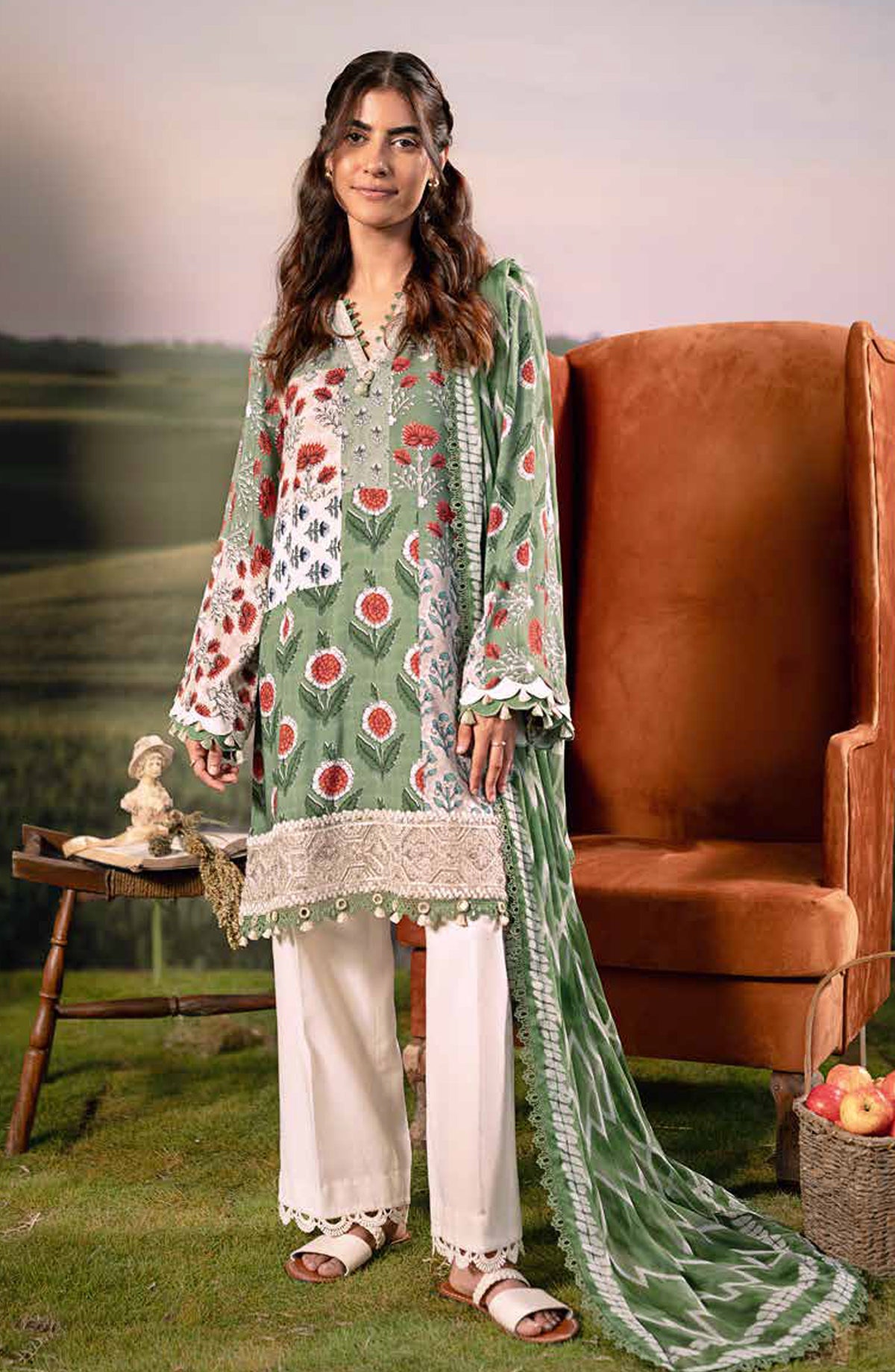 Mbasic Fall Comes Home Embroidered Arabic Lawn Unstitched 3 Piece Suit - 02-B - MB25FALL - Green - Pre-Fall Collection