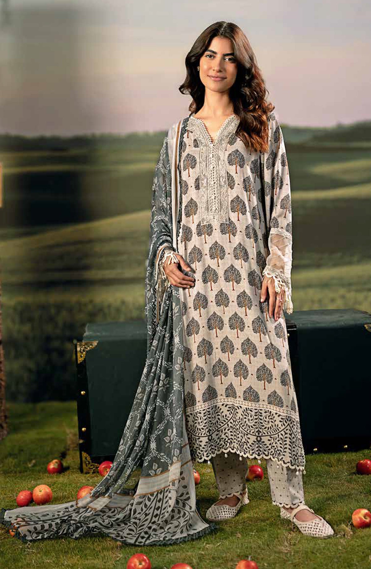 Mbasic Fall Comes Home Embroidered Arabic Lawn Unstitched 3 Piece Suit - 03-A - MB25FALL - Grey - Pre-Fall Collection