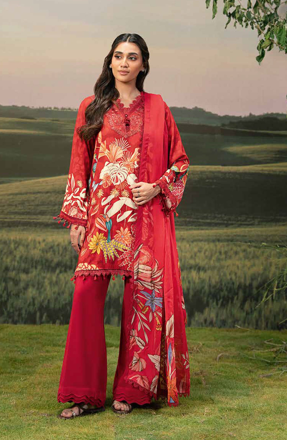 Mbasic Fall Comes Home Embroidered Arabic Lawn Unstitched 3 Piece Suit - 05-B - MB25FALL - Red - Pre-Fall Collection
