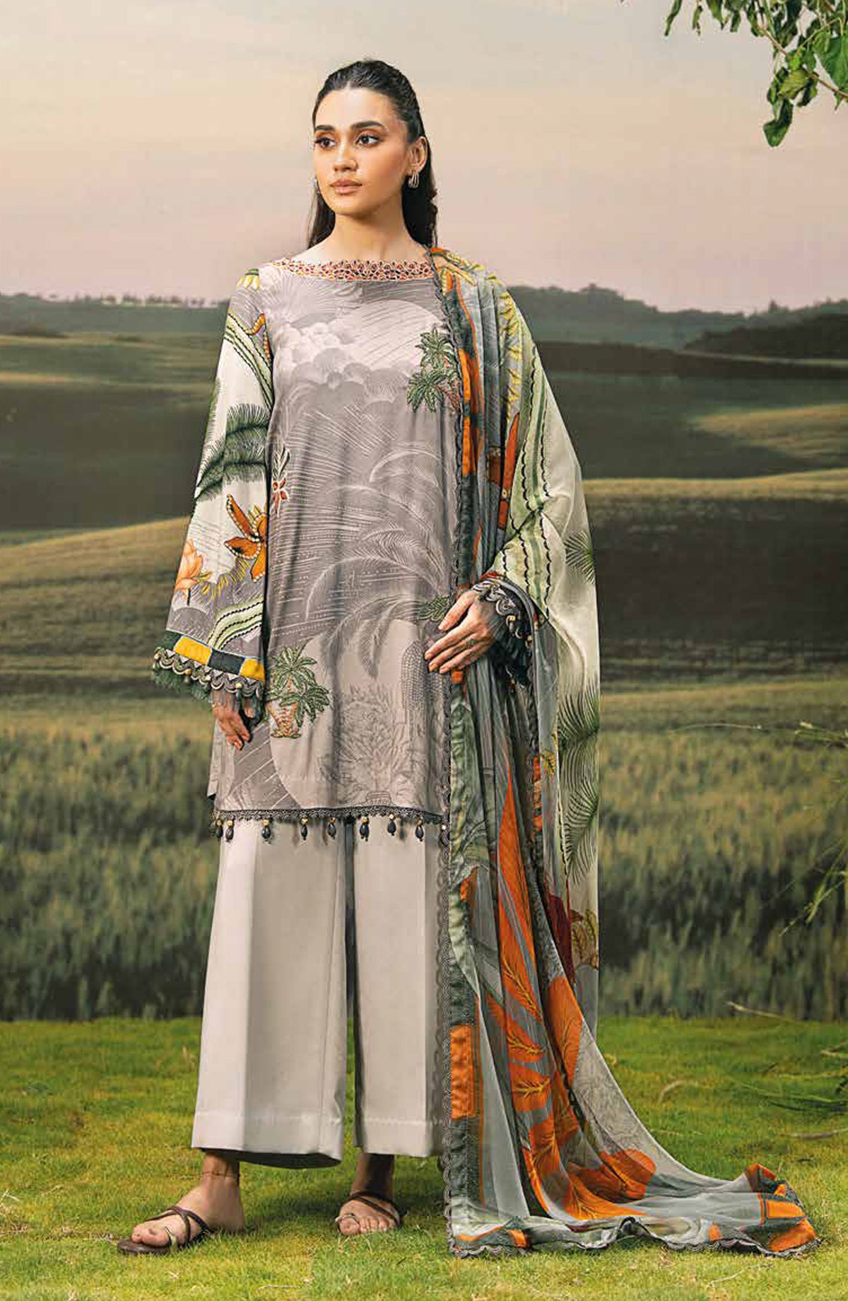 Mbasic Fall Comes Home Embroidered Arabic Lawn Unstitched 3 Piece Suit - 06-B - MB25FALL - Grey - Pre-Fall Collection