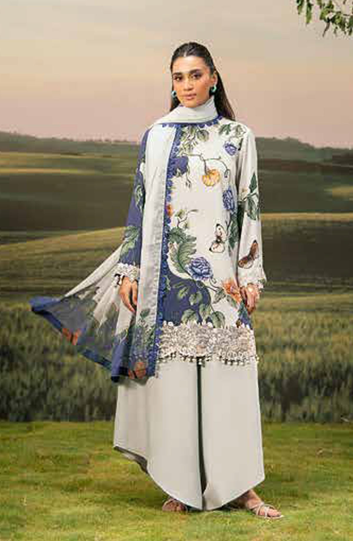Mbasic Fall Comes Home Embroidered Arabic Lawn Unstitched 3 Piece Suit - 07-B - MB25FALL - Light Blue - Pre-Fall Collection