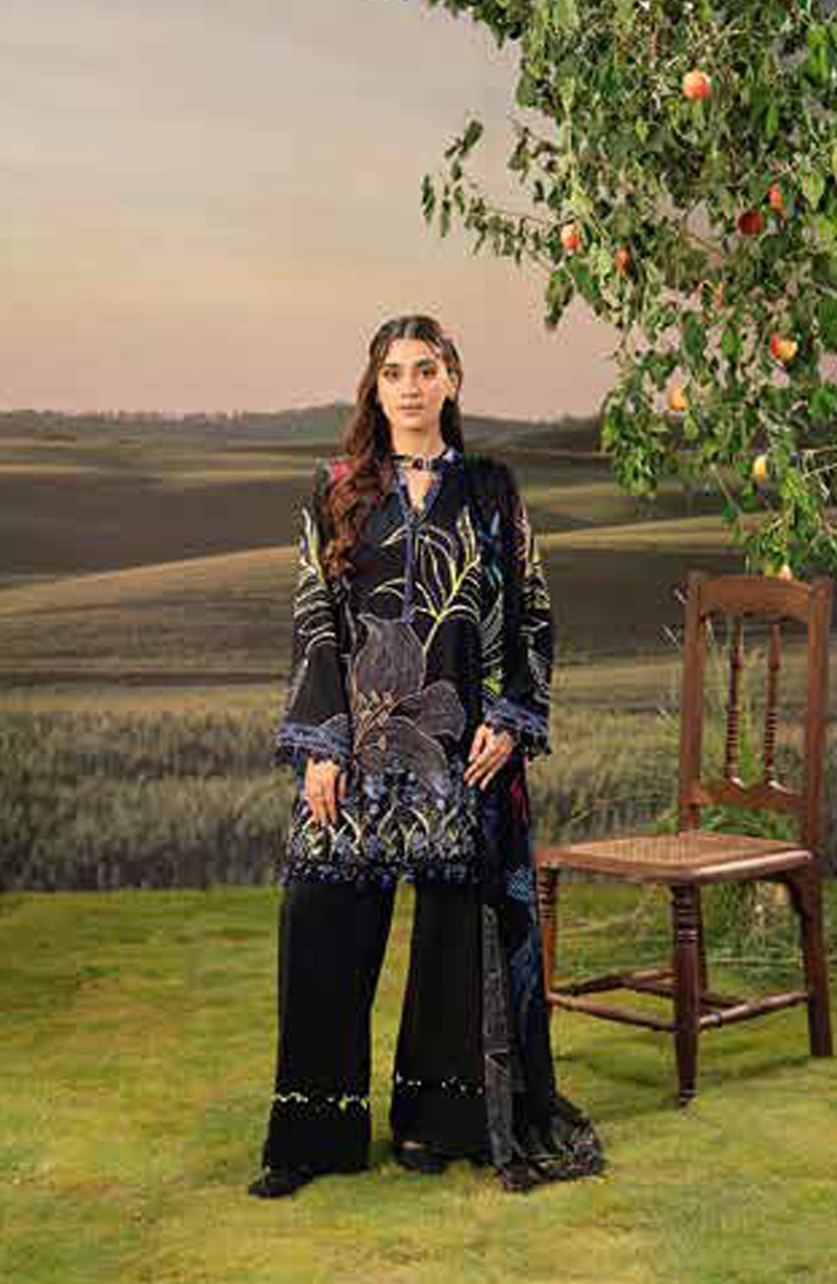 Mbasic Fall Comes Home Embroidered Arabic Lawn Unstitched 3 Piece Suit - 08-B - MB25FALL - Black - Pre-Fall Collection