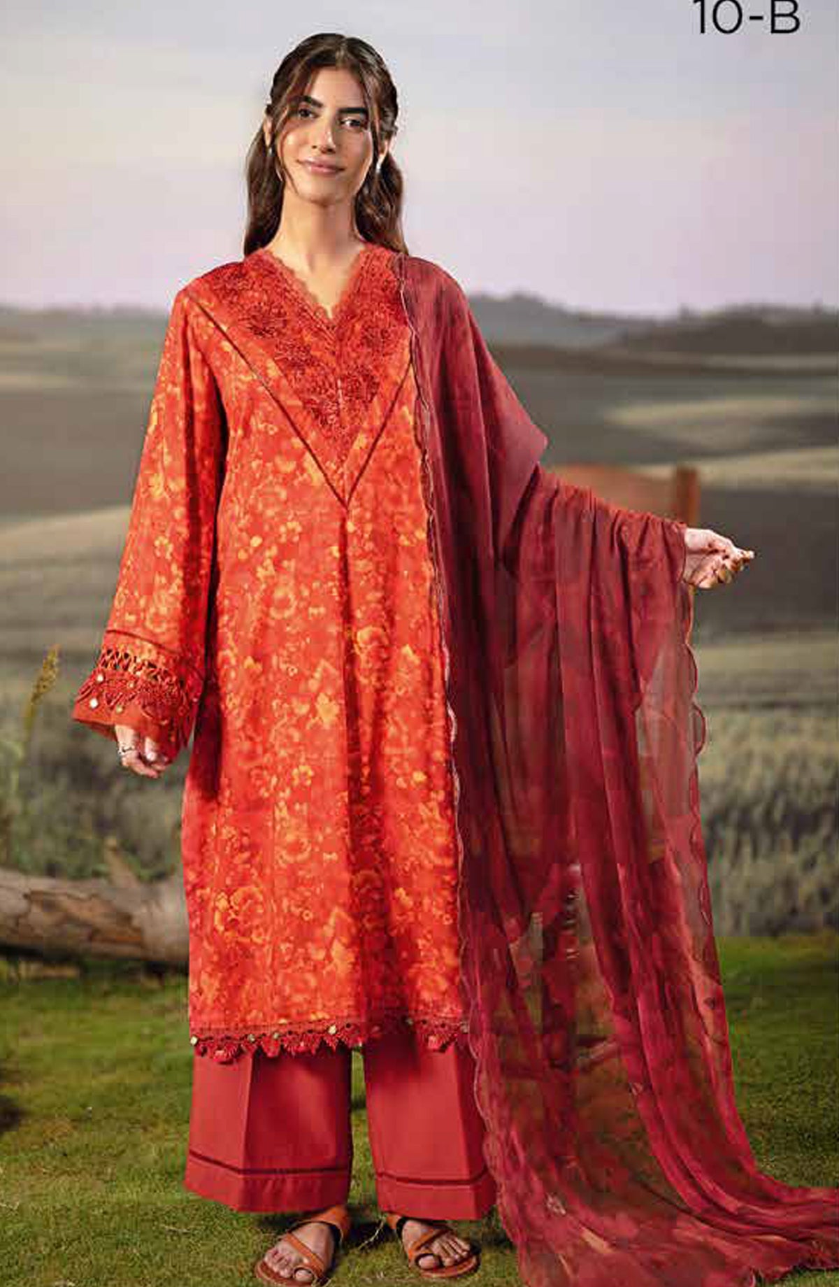 Mbasic Fall Comes Home Embroidered Arabic Lawn Unstitched 3 Piece Suit - 10-B - MB25FALL - Orange - Pre-Fall Collection