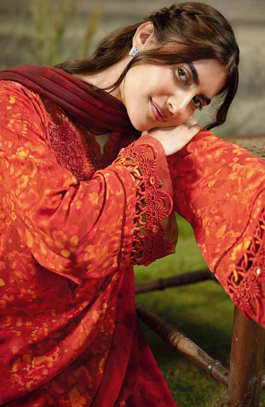 Mbasic Fall Comes Home Embroidered Arabic Lawn Unstitched 3 Piece Suit - 10-B - MB25FALL - Orange - Pre-Fall Collection
