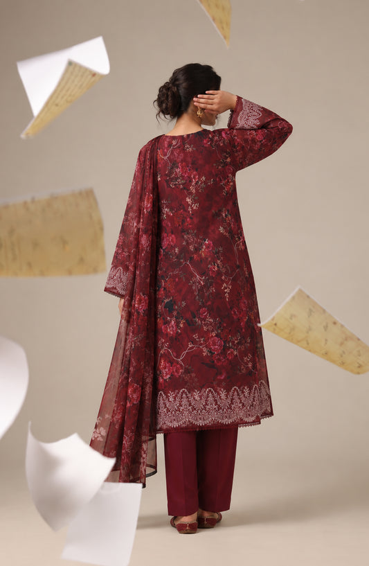 Me & She ki Dosti by Amna Khadija Embroidered Lawn Stitched 3 Piece Suit - AKMS-02 - AM26DST - Maroon - Summer Collection