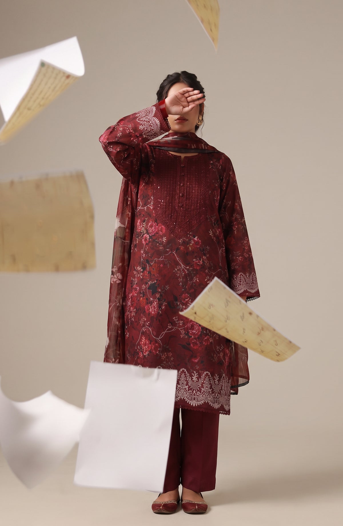 Me & She ki Dosti by Amna Khadija Embroidered Lawn Stitched 3 Piece Suit - AKMS-02 - AM26DST - Maroon - Summer Collection