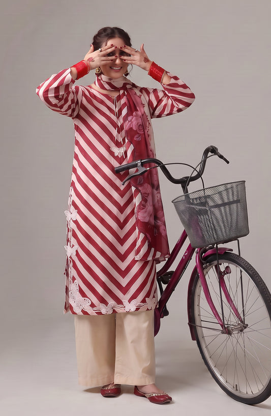 Me & She ki Dosti by Amna Khadija Embroidered Lawn Stitched 3 Piece Suit - AKMS-04 - AM26DST - Red - Summer Collection