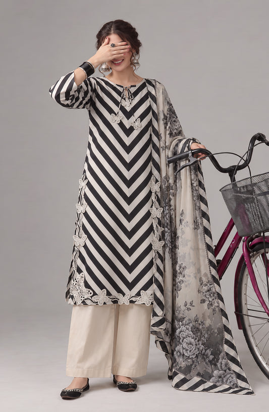 Me & She ki Dosti by Amna Khadija Embroidered Lawn Stitched 3 Piece Suit - AKMS-05 - AM26DST - Black - Summer Collection