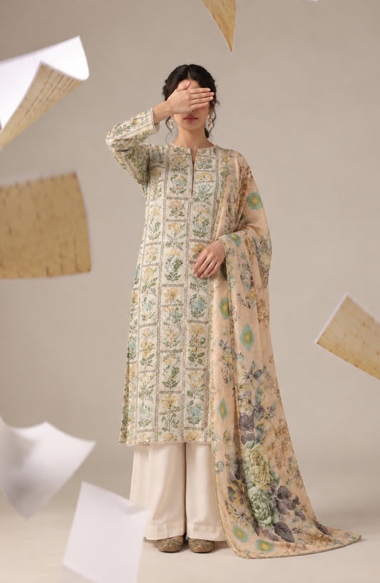Me & She ki Dosti by Amna Khadija Printed Lawn Stitched 3 Piece Suit - AKMS-03 - AM26DST - Cream - Summer Collection
