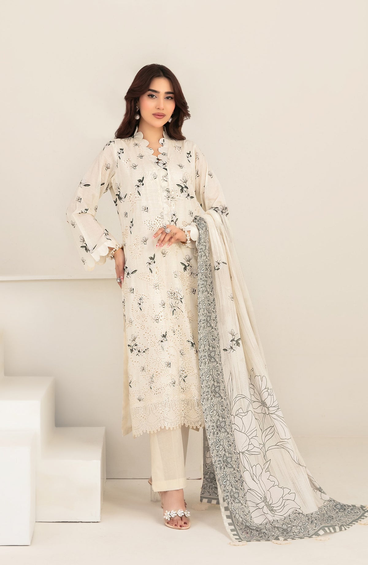 Meem by Tawakkal Fabrics Embroidered Lawn Unstitched 3 Piece Suit - D-3857 - TF26MEM - Off White - Summer Collection