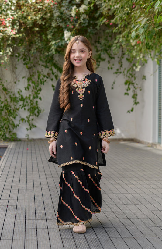 Fresh Birds Embroidered Cotton Lawn Stitched 2 Piece Suit - Meena - FBR26FS - Black - Festive Girls Collection