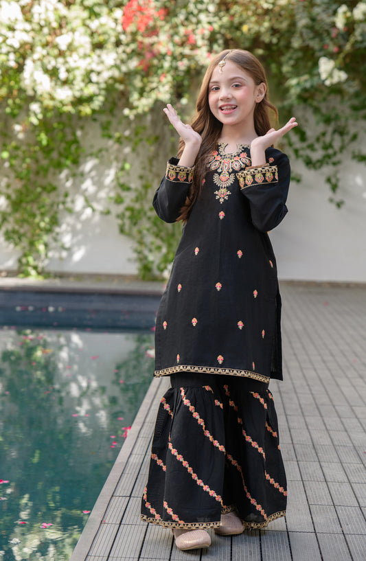 Fresh Birds Embroidered Cotton Lawn Stitched 2 Piece Suit - Meena - FBR26FS - Black - Festive Girls Collection